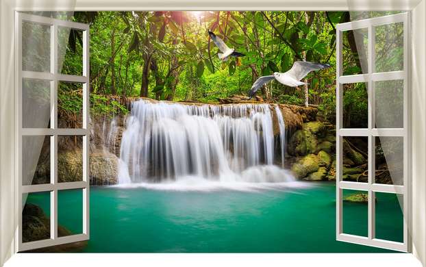 Wall Mural - Beautiful waterfall in the green forest