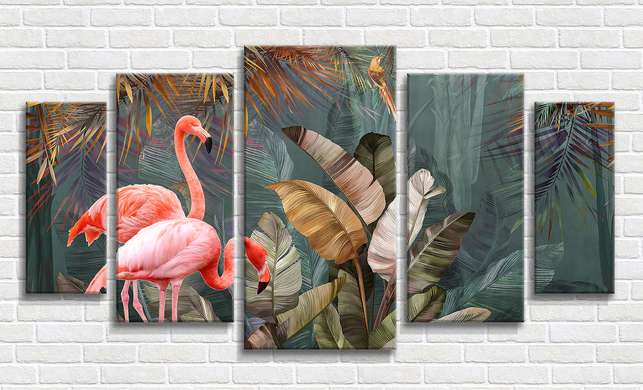 Tablou Pe Panza Multicanvas, Flamingo în fundalul junglei, 206 x 115