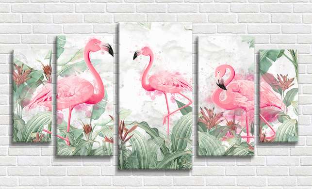 Tablou Pe Panza Multicanvas, Flamingo în jungla verde, 206 x 115