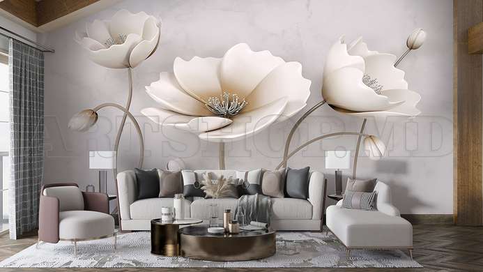 3D Photo Wallpaper- Beige flowers on gray background