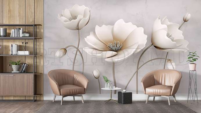 3D Photo Wallpaper- Beige flowers on gray background