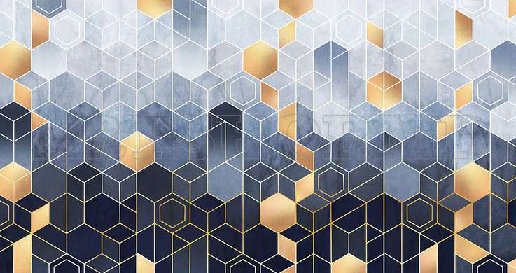 Wall mural - Blue hexagons with gold