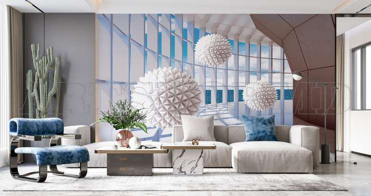 Wall Mural - Windows overlooking and 3D Spheres