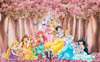 Photo wallpaper for the nursery, Disney princesses in the park with pink flowers on the background of the castle