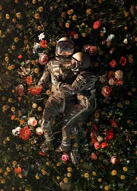 Poster - Romantic couple rest among flowers, 60 x 90 см, Framed poster on glass, Fantasy