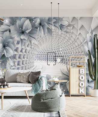 3D Photo Wallpaper- Gray flowers on the background of a white tunnel