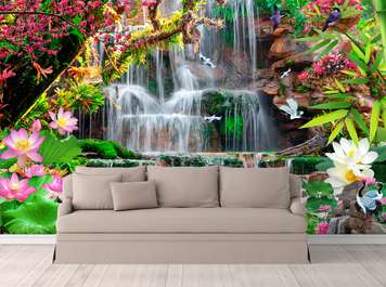 Wall Mural - Blooming flower park with a waterfall