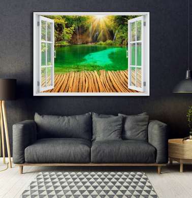 Wall Sticker - 3D window with a view of the cascade in bright colors, Window imitation
