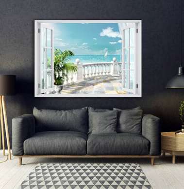 Stickere pentru pereți - Fereastra 3D cu vedere spre terasa cu o priveliște spre mare, Imitarea Ferestrei, 130 х 85