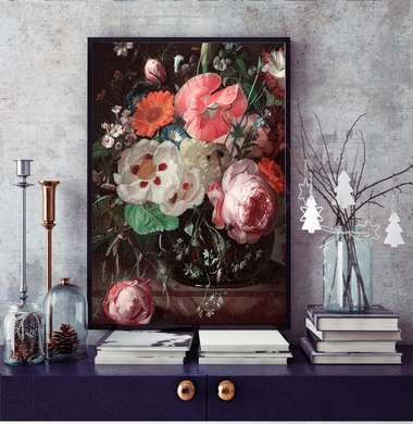 Poster - Bouquet of pink flowers on a black background, 60 x 90 см, Framed poster, Botanical