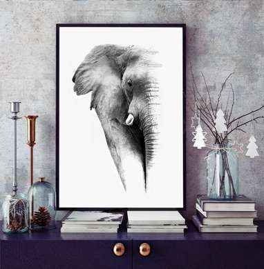 Poster - Black and white elephant, 60 x 90 см, Framed poster, Minimalism