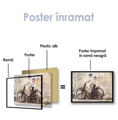 Постер - Дети и велосипед, 90 x 60 см, Постер на Стекле в раме, Винтаж