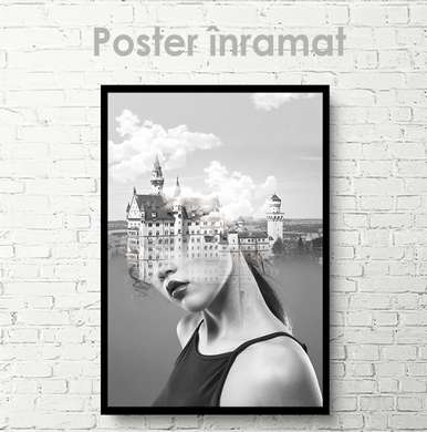 Poster - Fată și castel, 30 x 45 см, Panza pe cadru, Alb Negru
