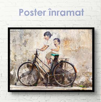 Poster - Copii și bicicleta, 90 x 60 см, Poster inramat pe sticla