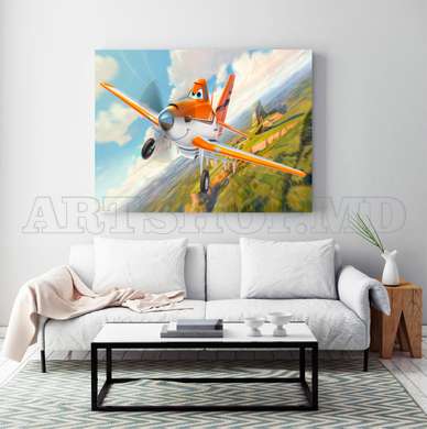 Постер - Веселый самолет в небе, 90 x 60 см, Постер на Стекле в раме, Для Детей