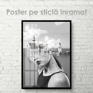Poster - Fată și castel, 30 x 45 см, Panza pe cadru, Alb Negru