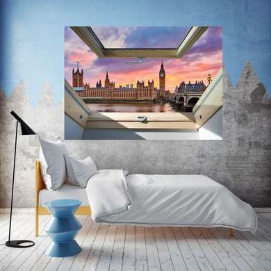 Наклейка на стену - 3D-окно с видом на Лондон, Имитация окна, 130 х 85