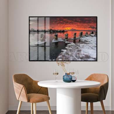 Poster - Scarlet sunset on a winter evening, 45 x 30 см, Canvas on frame, Nature