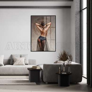 Poster - Girl and hieroglyphs, 60 x 90 см, Framed poster on glass, Nude