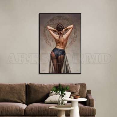 Poster - Girl and hieroglyphs, 60 x 90 см, Framed poster on glass, Nude