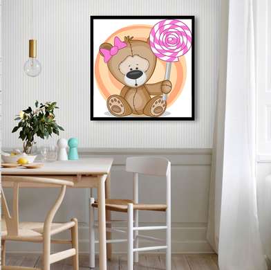 Постер - Мишка с леденцом, 40 x 40 см, Холст на подрамнике, Для Детей