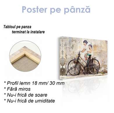 Poster - Copii și bicicleta, 90 x 60 см, Poster inramat pe sticla