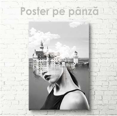 Poster - Girl and castle, 30 x 45 см, Canvas on frame, Black & White