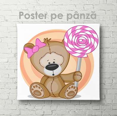 Poster - Ursuleț de pluș cu acadea, 40 x 40 см, Panza pe cadru, Pentru Copii