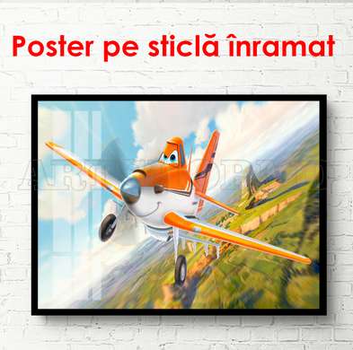 Постер - Веселый самолет в небе, 90 x 60 см, Постер в раме, Для Детей