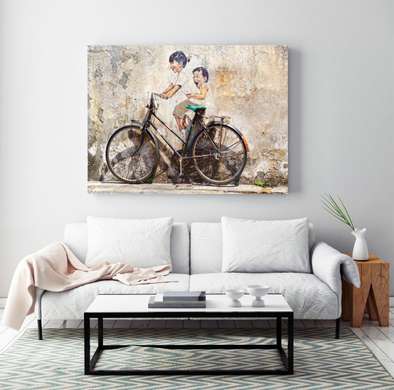 Постер - Дети и велосипед, 90 x 60 см, Постер на Стекле в раме, Винтаж