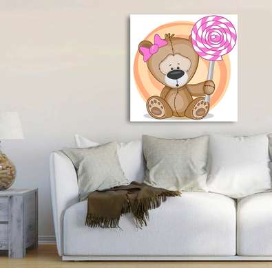Poster - Ursuleț de pluș cu acadea, 40 x 40 см, Panza pe cadru, Pentru Copii