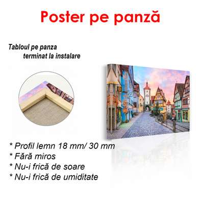 Постер - Сказочный город на фоне фиолетового заката, 90 x 60 см, Постер в раме, Города и Карты