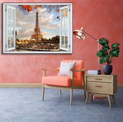 Stickere pentru pereți - Fereastra 3D cu vedere spre Turnul Eiffel toamna, Imitarea Ferestrei, 130 х 85