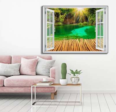 Wall Sticker - 3D window with a view of the cascade in bright colors, Window imitation