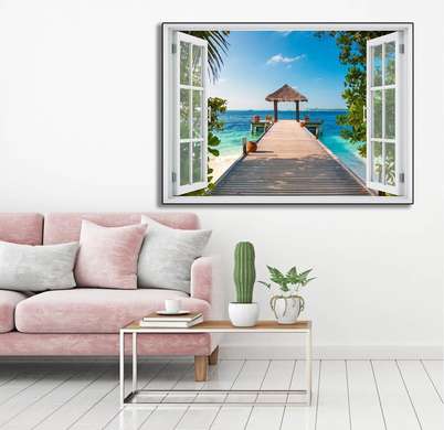 Наклейка на стену - 3D-окно с видом на море, Имитация окна, 130 х 85