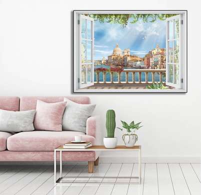 Наклейка на стену - 3D-окно с видом на Венецию, Имитация окна, 130 х 85
