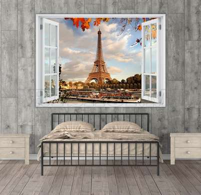 Stickere pentru pereți - Fereastra 3D cu vedere spre Turnul Eiffel toamna, Imitarea Ferestrei, 130 х 85