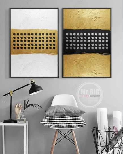 Poster - Squares with golden abstraction, 60 x 90 см, Framed poster on glass