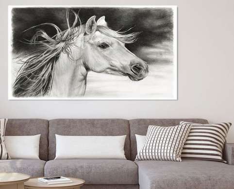 Постер - Черно белая картина лошади, 45 x 30 см, Холст на подрамнике, Живопись