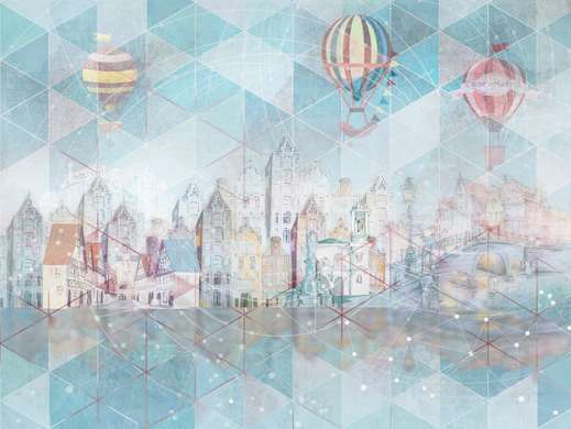 Fototapet - Oraș abstract și baloane cu aer cald