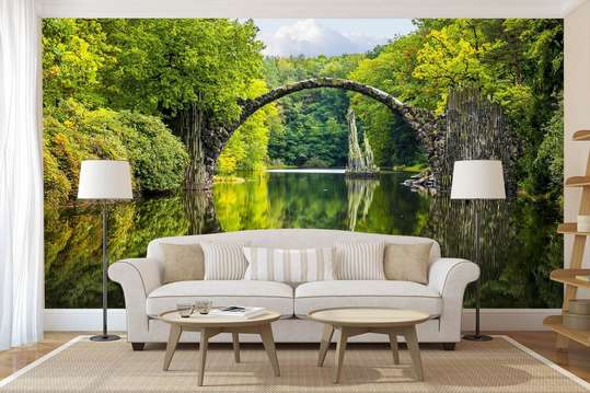 Fototapet - Peisajul cu un pod de-a lungul lacului și copaci
