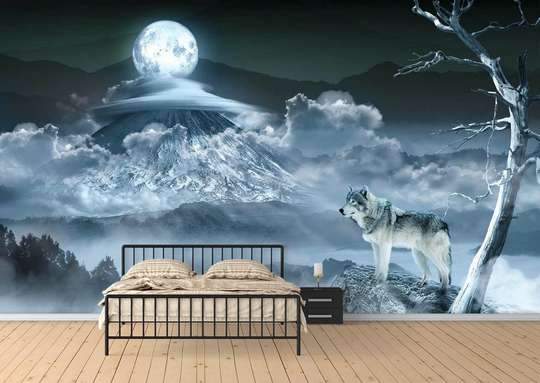 Wall Mural - Wolf and full moon
