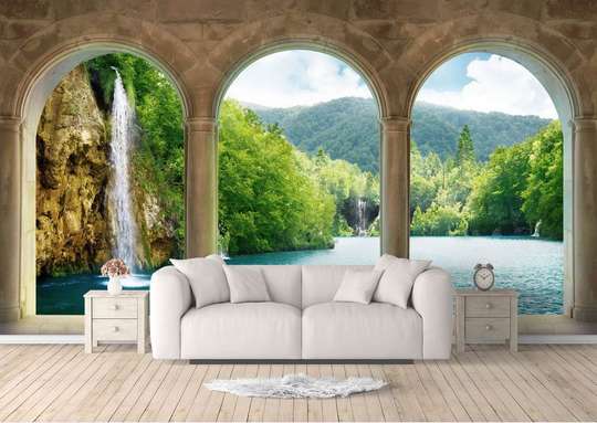 Wall Mural - Arched balcony overlooking the waterfall.