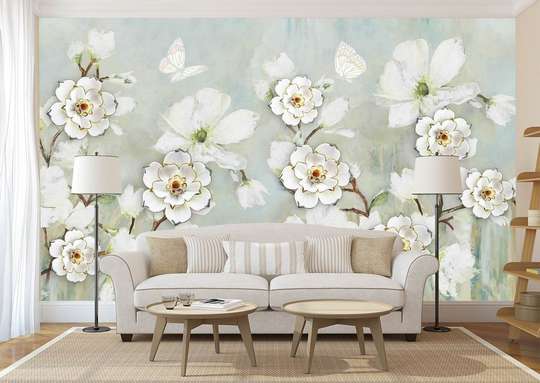 Wall Mural - White flowers on a blue background