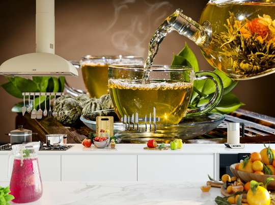 Фотообои - Стеклянный Чайник с цветочным чаем