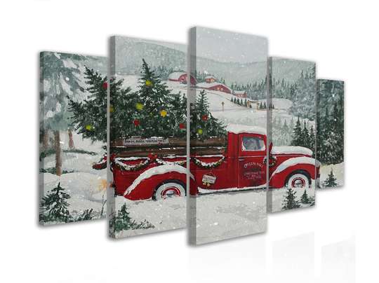 Модульная картина, Красная ретро машина с новогодней елкой, 108 х 60