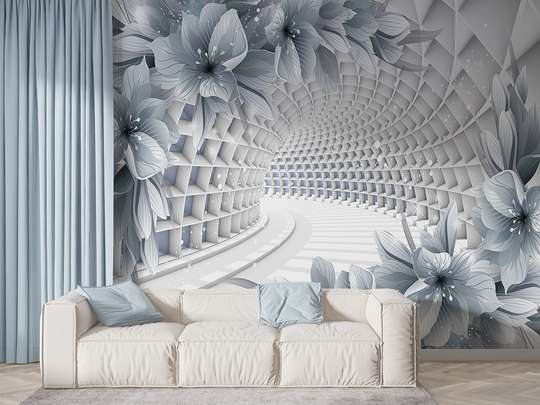 3D Photo Wallpaper- Gray flowers on the background of a white tunnel