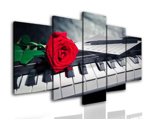 Tablou Multicanvas, Trandafirul roșu pe clapele pianului, 108 х 60