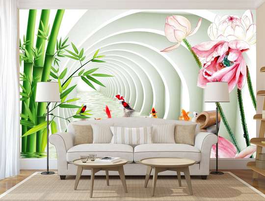 3Д Фотообои - Арочный тоннель с цветами лотоса и бамбуковыми веточками