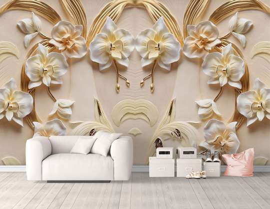 Fototapet 3D - Flori albe cu petale de aur